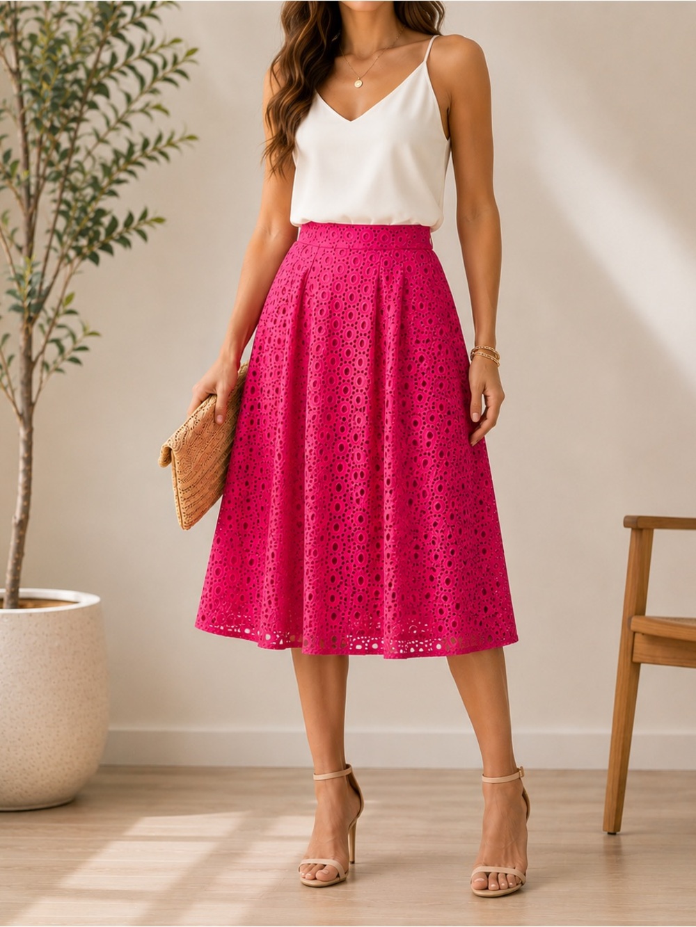 Halogen Nordstrom Eyelet Midi Skirt Pink A-Line Lined Women’s Size 2